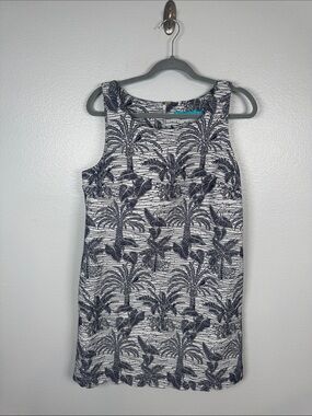 Tori Richard Navy Palm-Print Textured Sleeveless Shift Dress Pockets Size 10